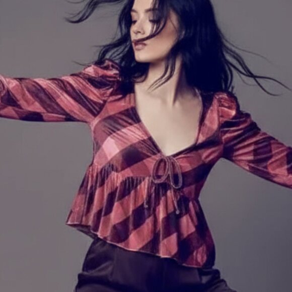 $78 NWT ANTHROPOLOGIE MAEVE velvet babydoll top pink plaid L - Picture 7 of 7